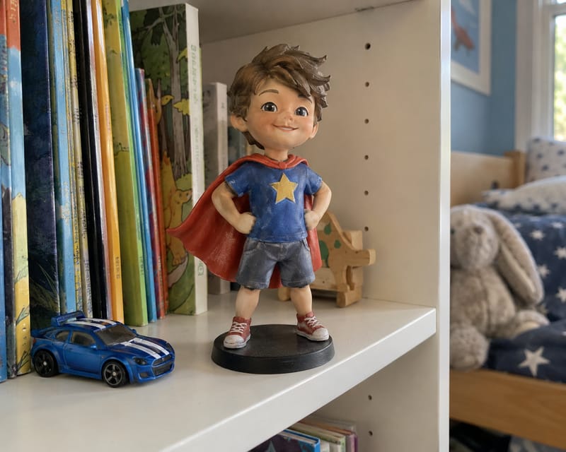 A personalised mini me statue of a boy dressed as a superhero on a bookshelf