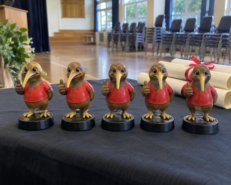 Five mini kiwi mascot statues lined up as trophies