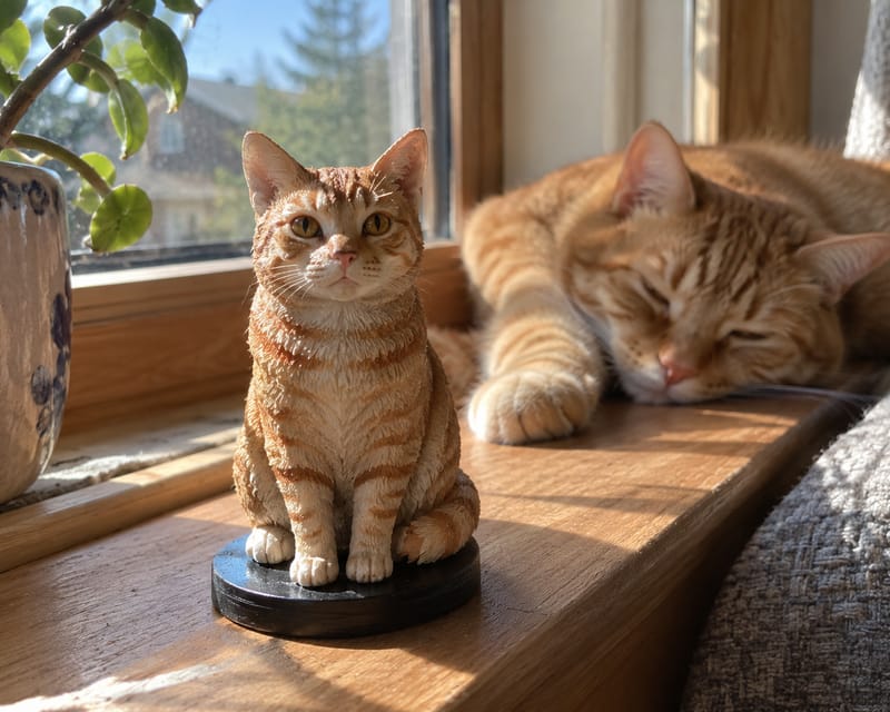 A mini me statue of a cat, painted to match the real cat sitting beside it