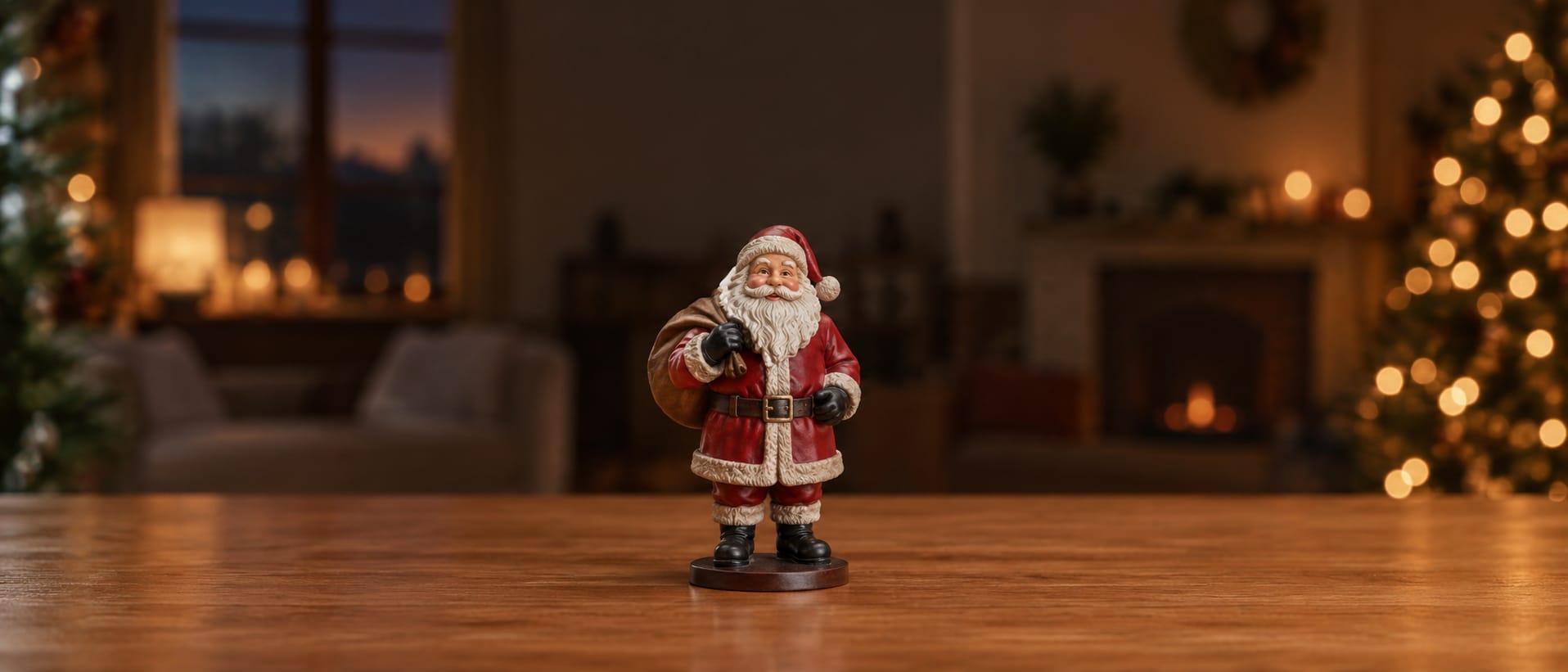 A hand-painted Santa Claus mini me on a wooden table in front of Christmas tree lights