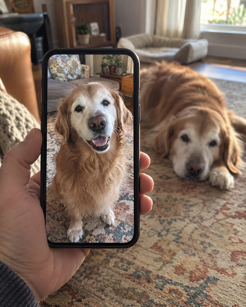 A phone showing a photo of a golden retriever, with the dog behind it