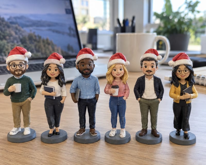 Six personalised mini me figures of office staff in Santa hats